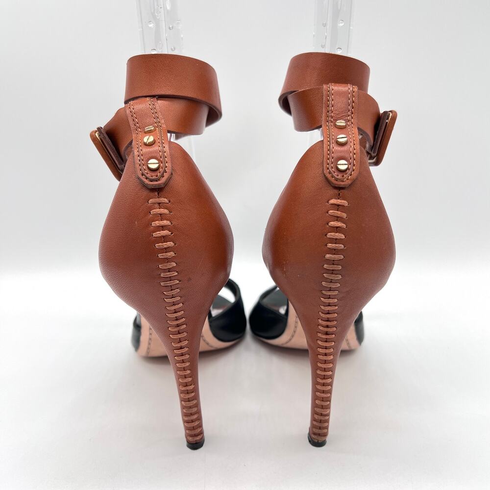 ALICE + OLIVIA Gwennie Ankle Wrap Strap Heels Womens 39 Black Brown Leather - Picture 3 of 14